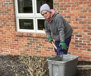 Sr. Susan helped get ready for the Red Cross Blood Drive by working in the yard to make the property showcase its Natural beauty